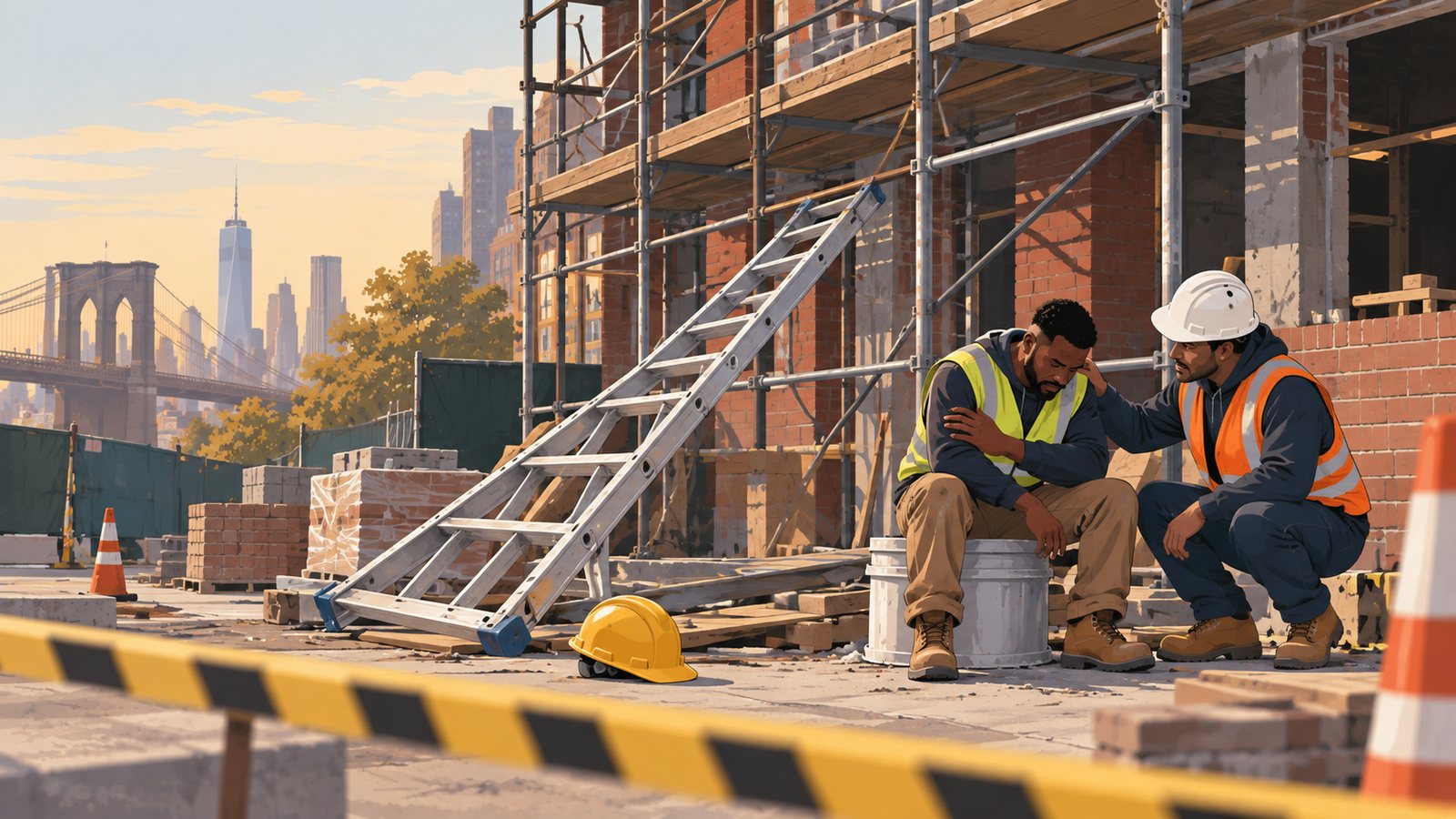 A construction worker sits on a bucket beside a fallen ladder while a coworker checks on him at a Brooklyn job site