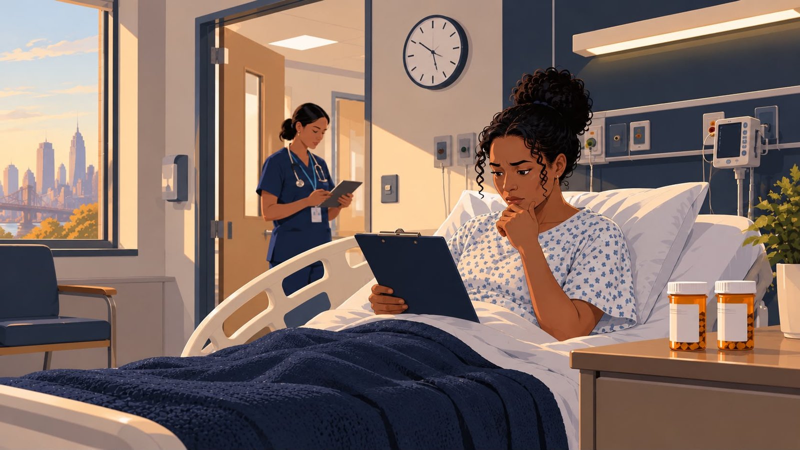 A hospital patient studies a chart in bed while two identical medication bottles sit on the bedside table