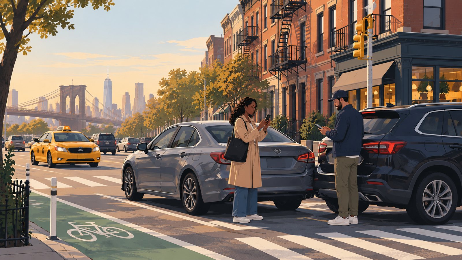 Two drivers exchange information after a fender bender at a Brooklyn intersection near the Brooklyn Bridge
