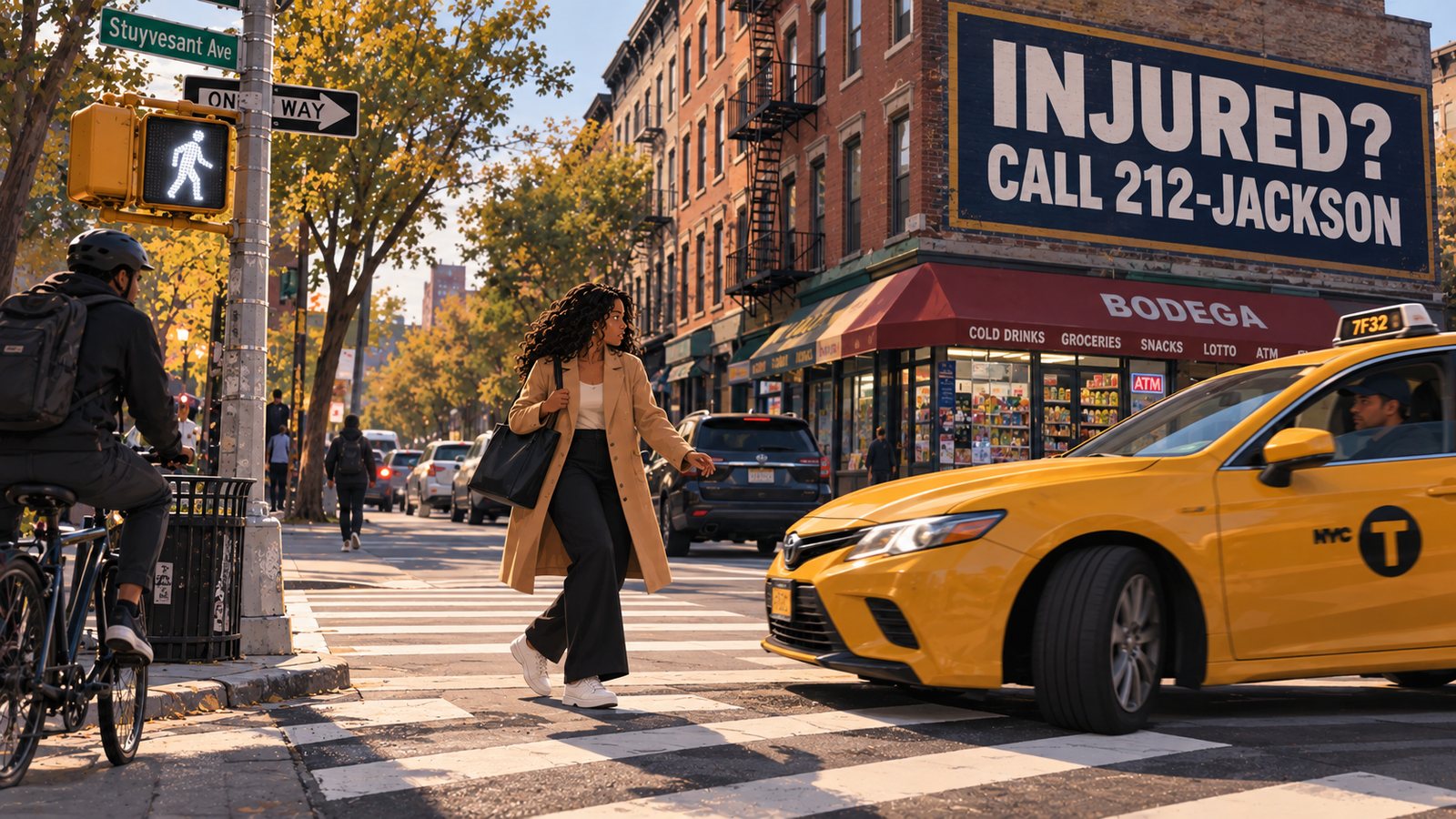 A pedestrian in a Brooklyn crosswalk with the walk signal on as a taxi turns toward her