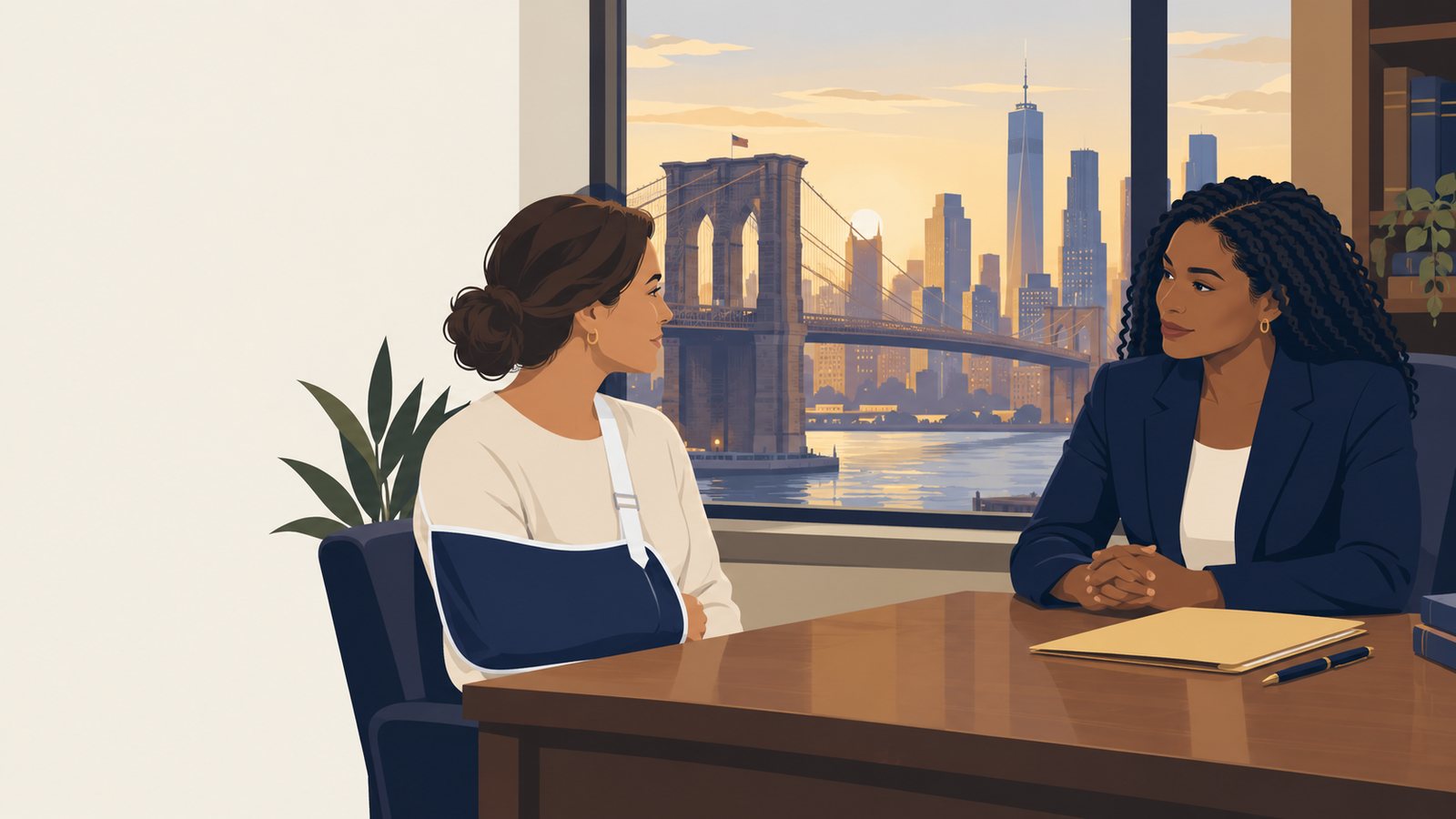 A client with her arm in a sling meets with a Jackson Legal Group attorney in a Brooklyn office overlooking the Brooklyn Bridge
