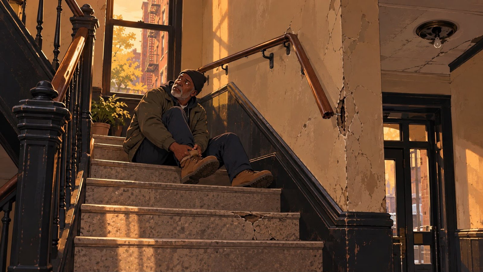 An injured man sits on an apartment building staircase holding his ankle, beside a broken stair tread and a handrail pulling away from a cracked wall