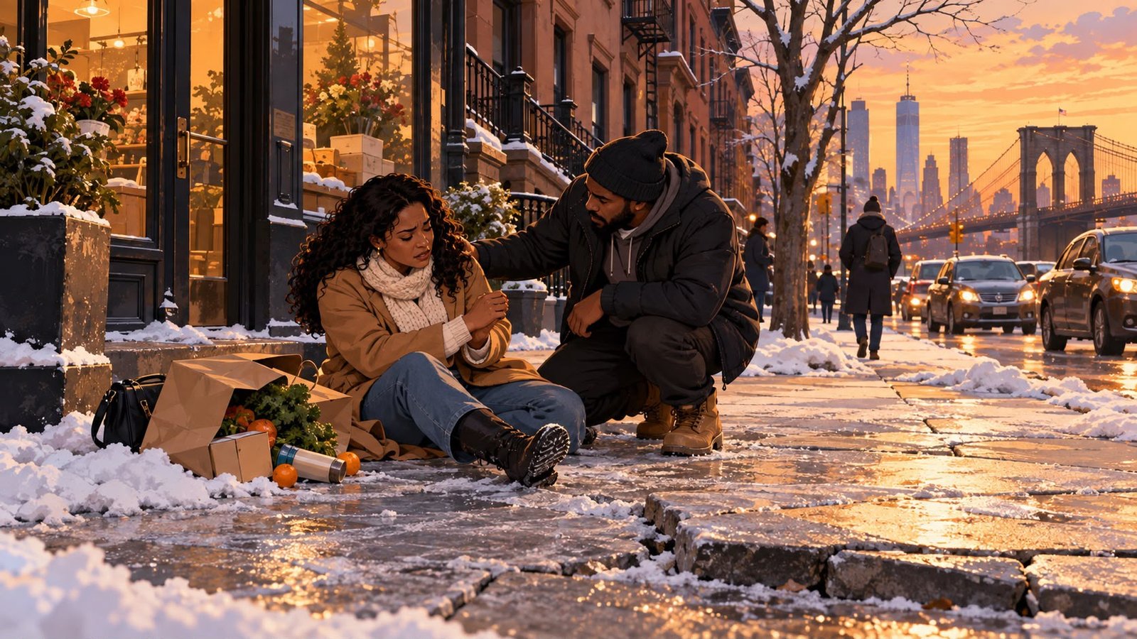 A woman sits injured on an icy, cracked sidewalk outside a shop while a passer-by crouches to help, her spilled groceries scattered across the snow