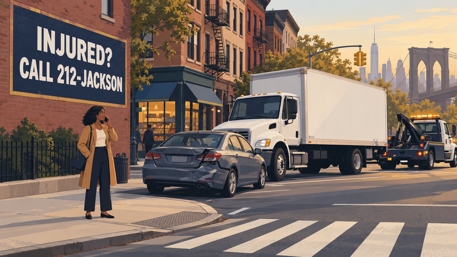 A woman on the phone beside a sedan with a crushed rear end after a collision with a box truck on a Brooklyn street