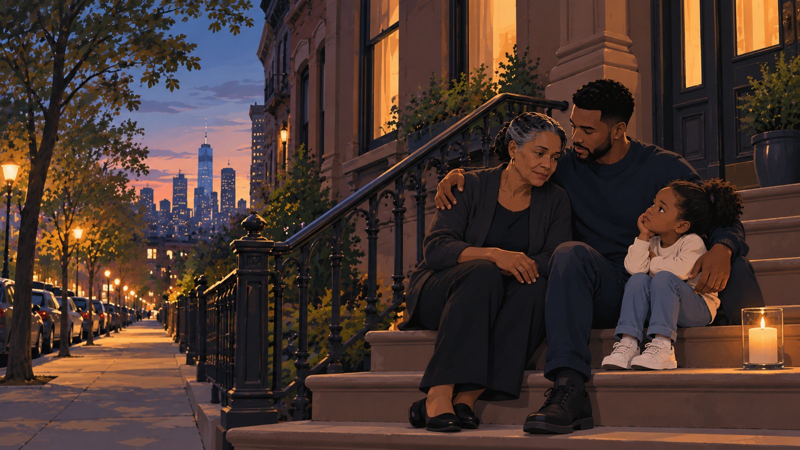 A grandmother, her adult son, and a young child sit together on a brownstone stoop at dusk beside a lit candle